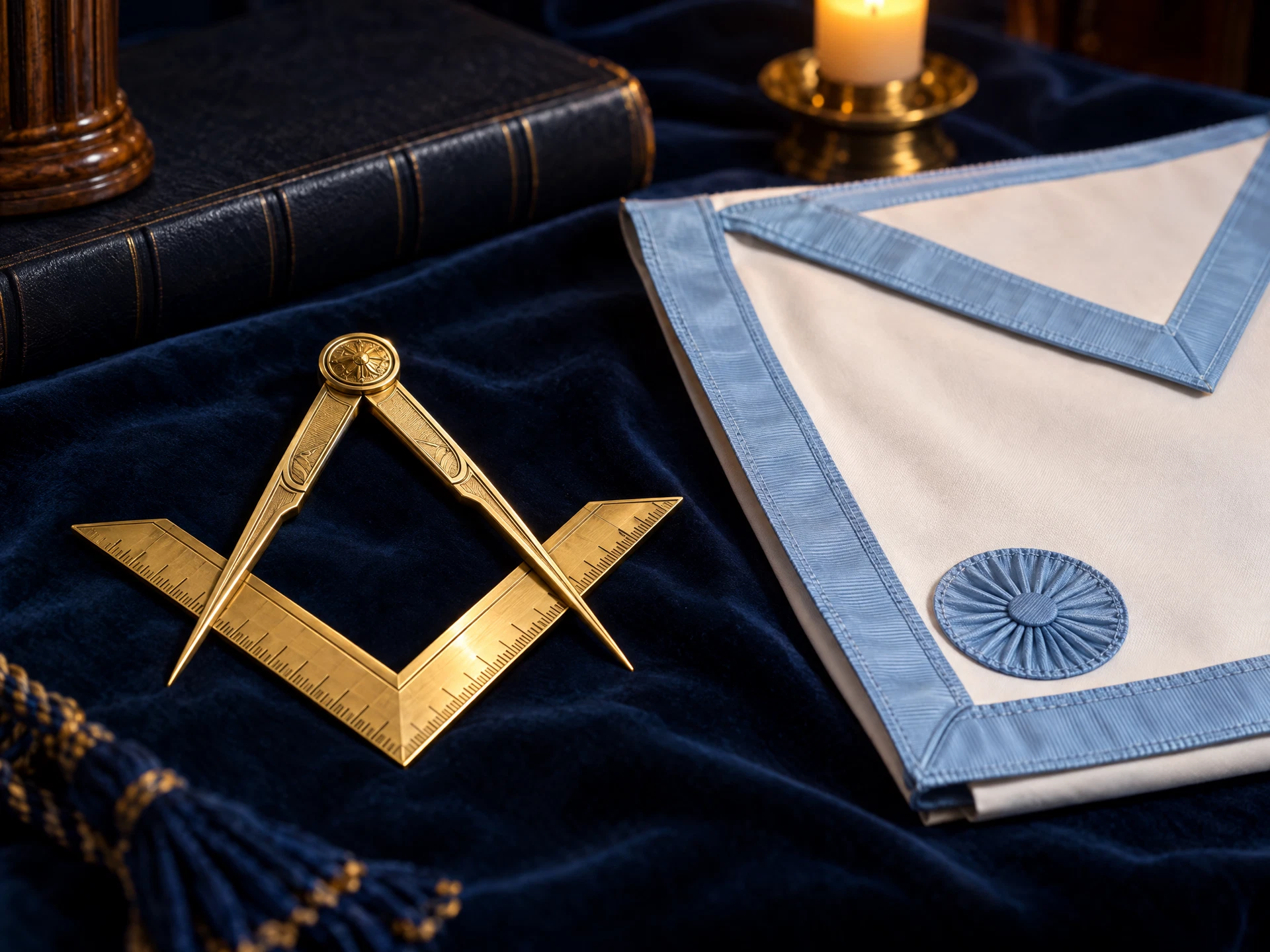 Illustrative UK Masonic still life: brass Square and Compasses with no G, a white apron with light-blue edging and a plain closed volume on navy cloth.
