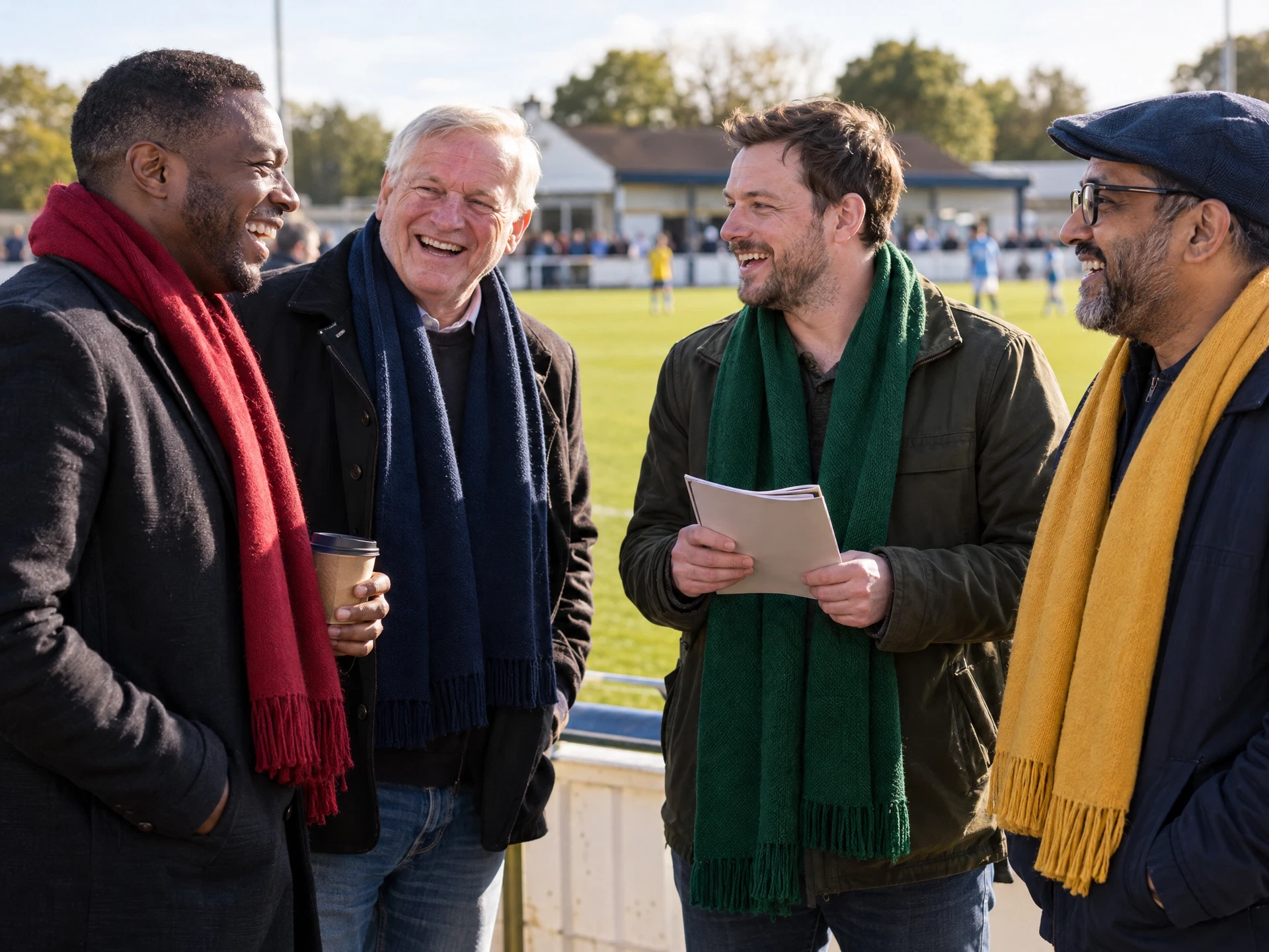 Illustrative match-day friendship: four adult football supporters in different coloured scarves talking together beside a non-league pitch.